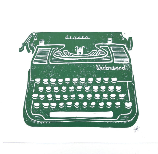 Green and white typewriter illustration on a white background