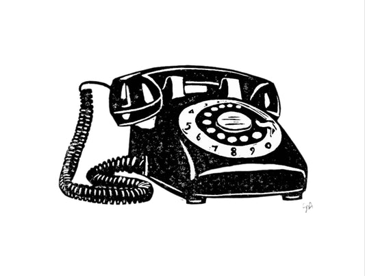 Black vintage telephone print on a white background