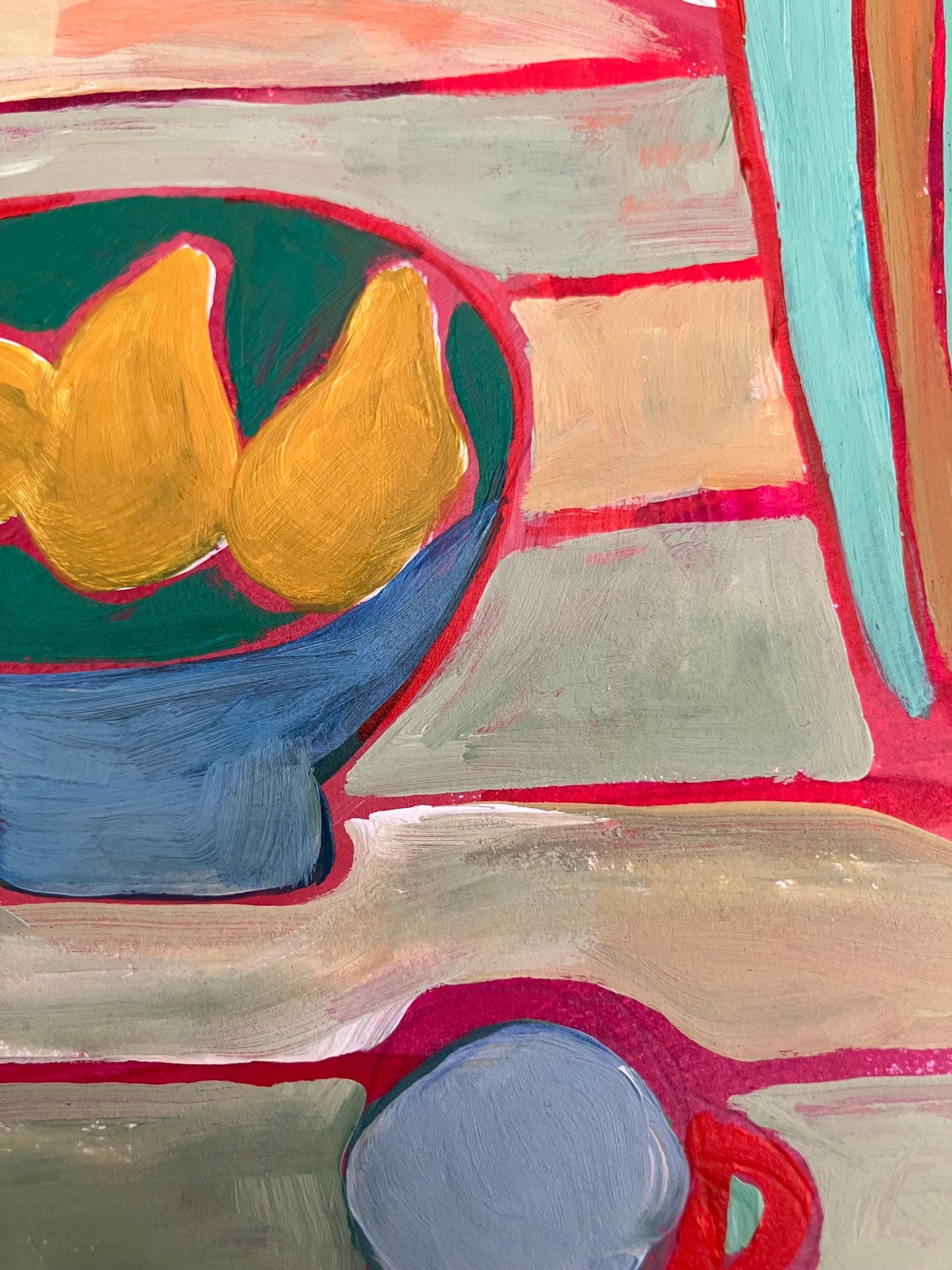 Flowers and bowl of pears still life - Original acrylic abstract painting (8x10in)