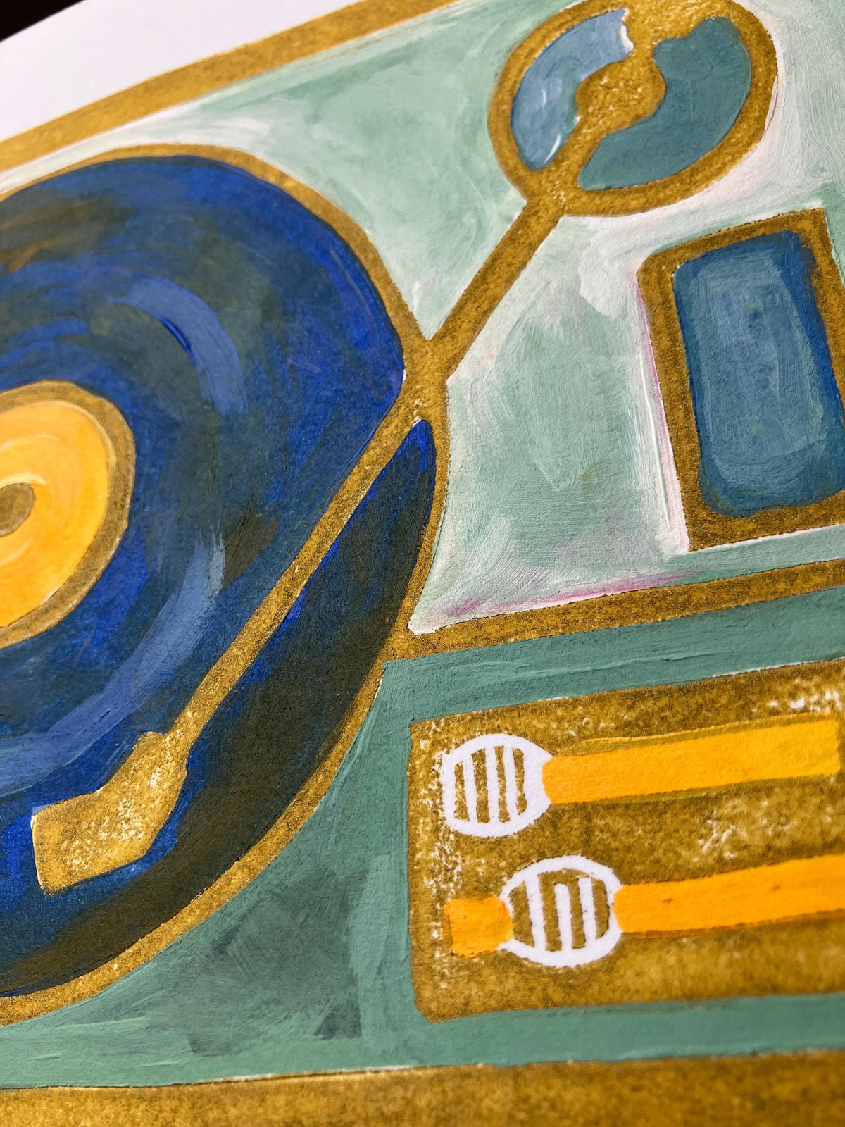 Vintage record player - Original acrylic painting (blue and gold) (8x10in)