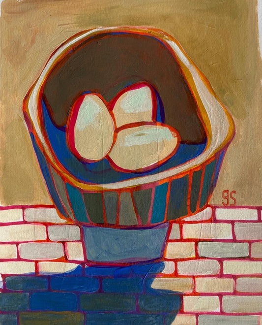 Mid-century bowl of three eggs - Original Acrylic painting (8x10in)