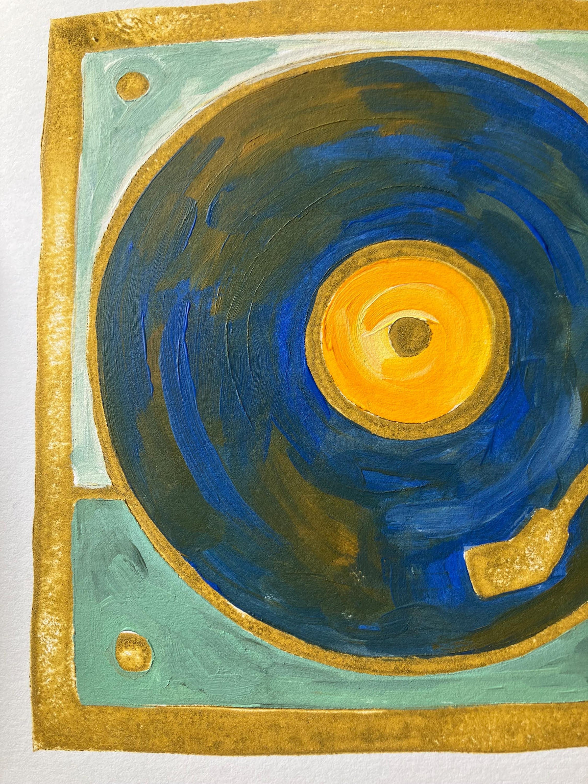 Vintage record player - Original acrylic painting (blue and gold) (8x10in)