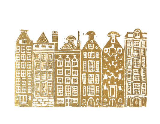 8x10 Linoleum block print of Amsterdam Canal Houses in metallic gold on a white background. 