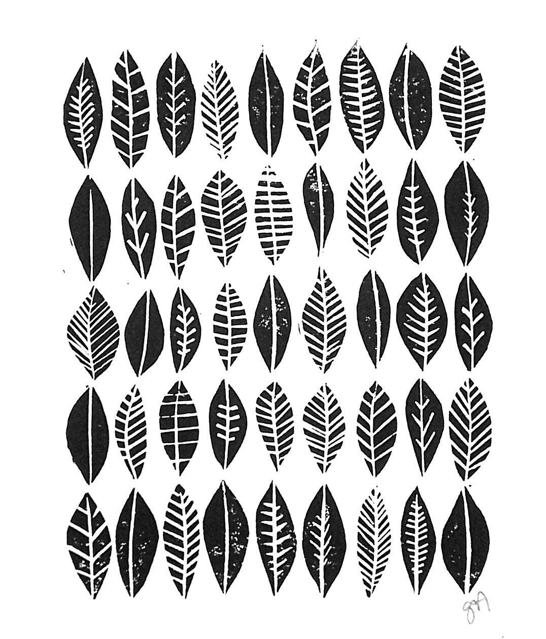 Leaf collection folk art - Linocut print (8x10in)