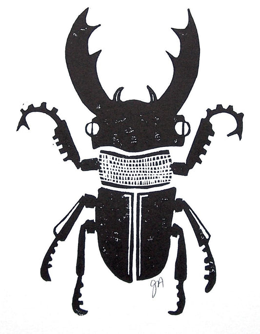 LINOCUT - Stag Beetle - Hand-pressed linoleum block print (8x10in)