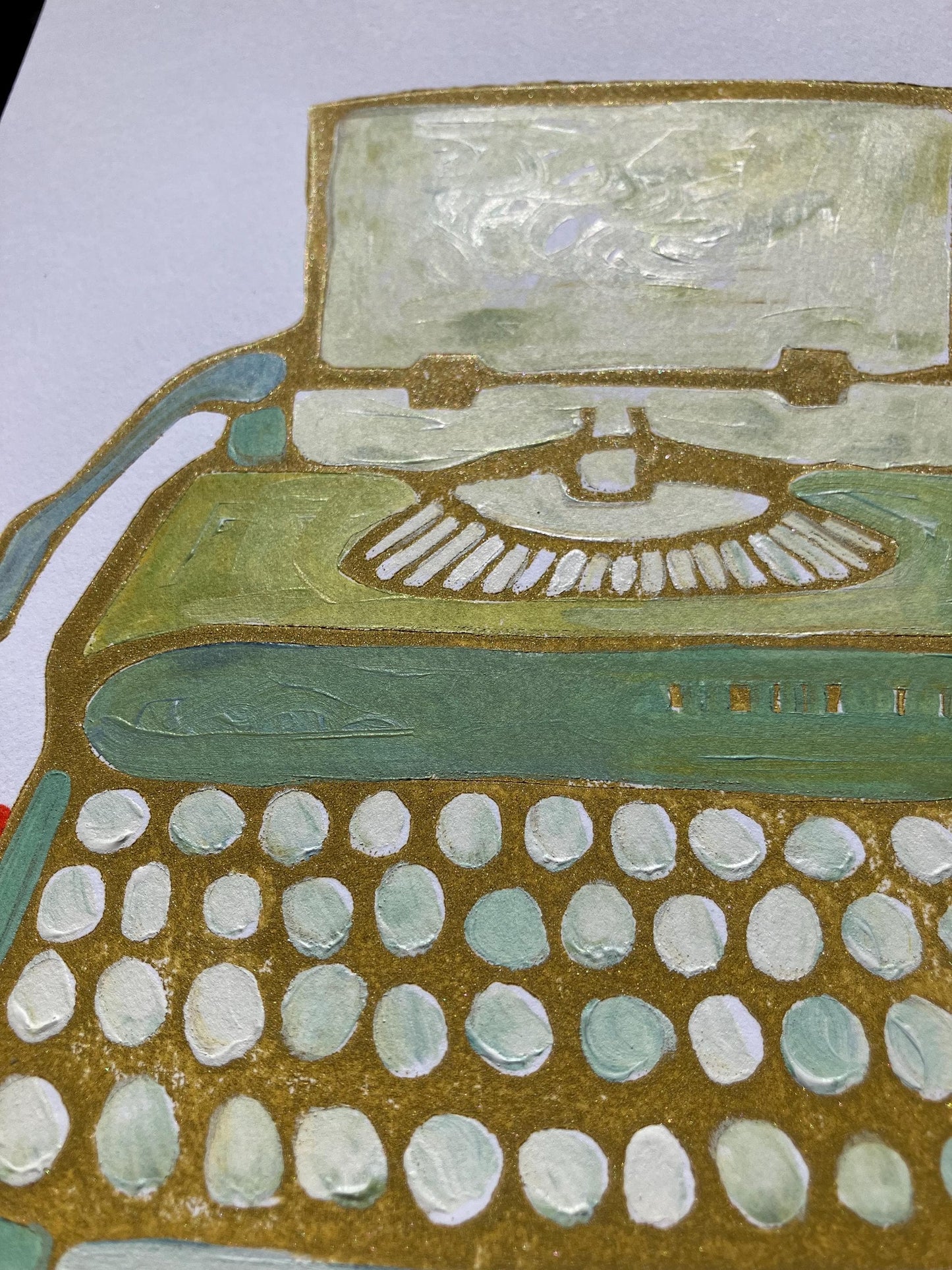 Typewriter #2 - Original acrylic linocut painting - Vintage olive green typewriter (8x10in)