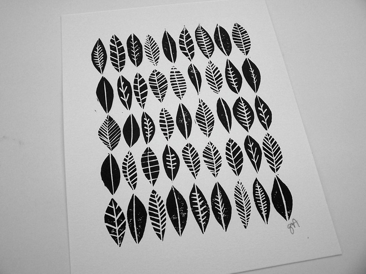 Leaf collection folk art - Linocut print (8x10in)