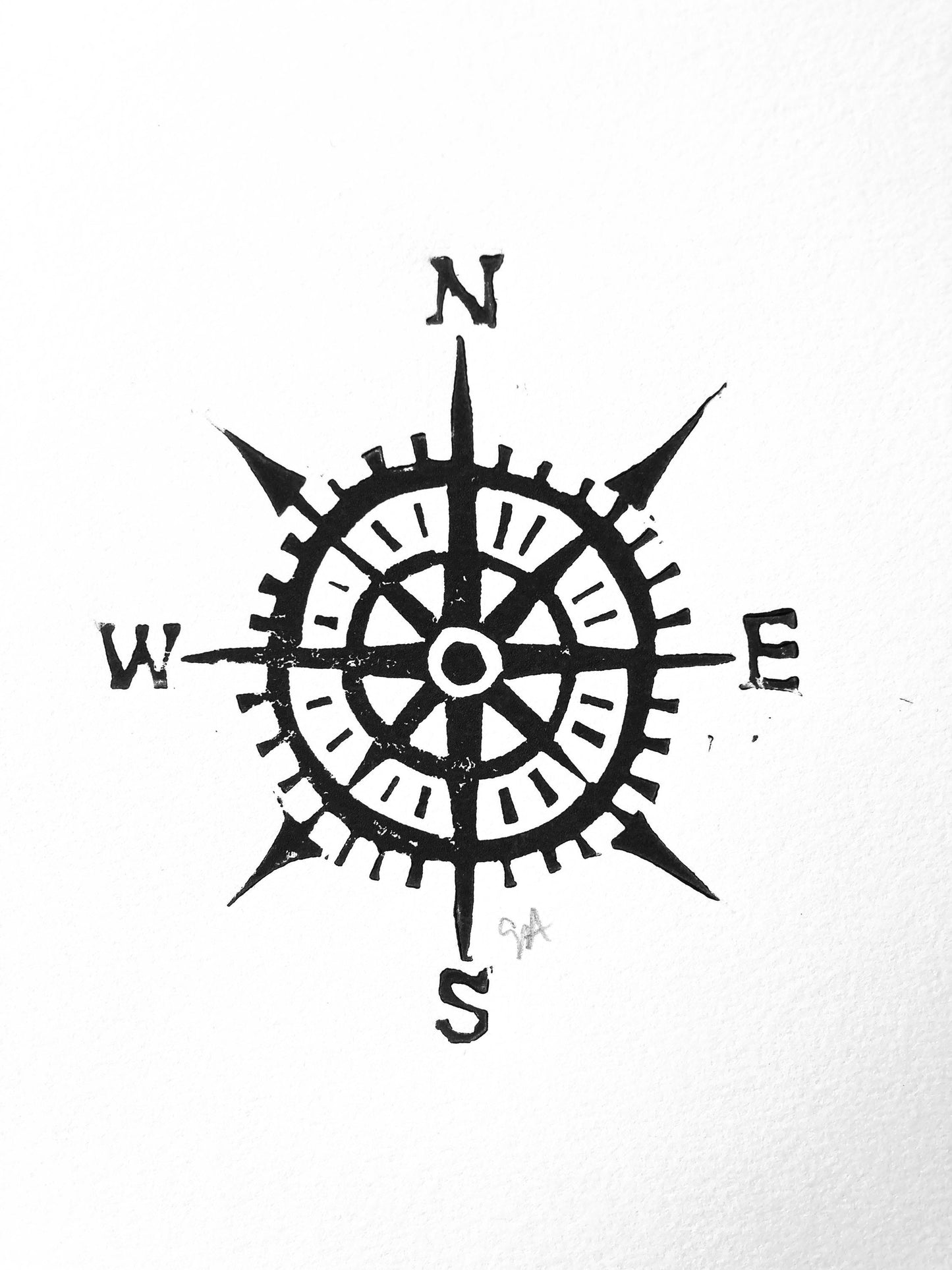 LINOCUT - Compass - Hand-pressed linoleum block print (8x10in)