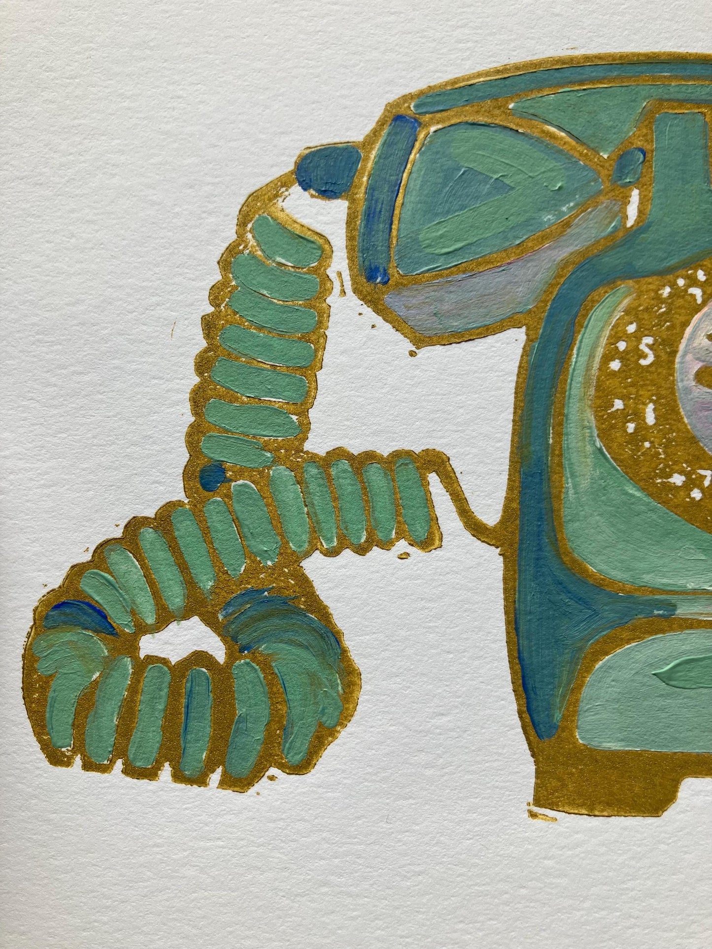 Vintage rotary telephone - Original acrylic linocut painting - (8x10in)