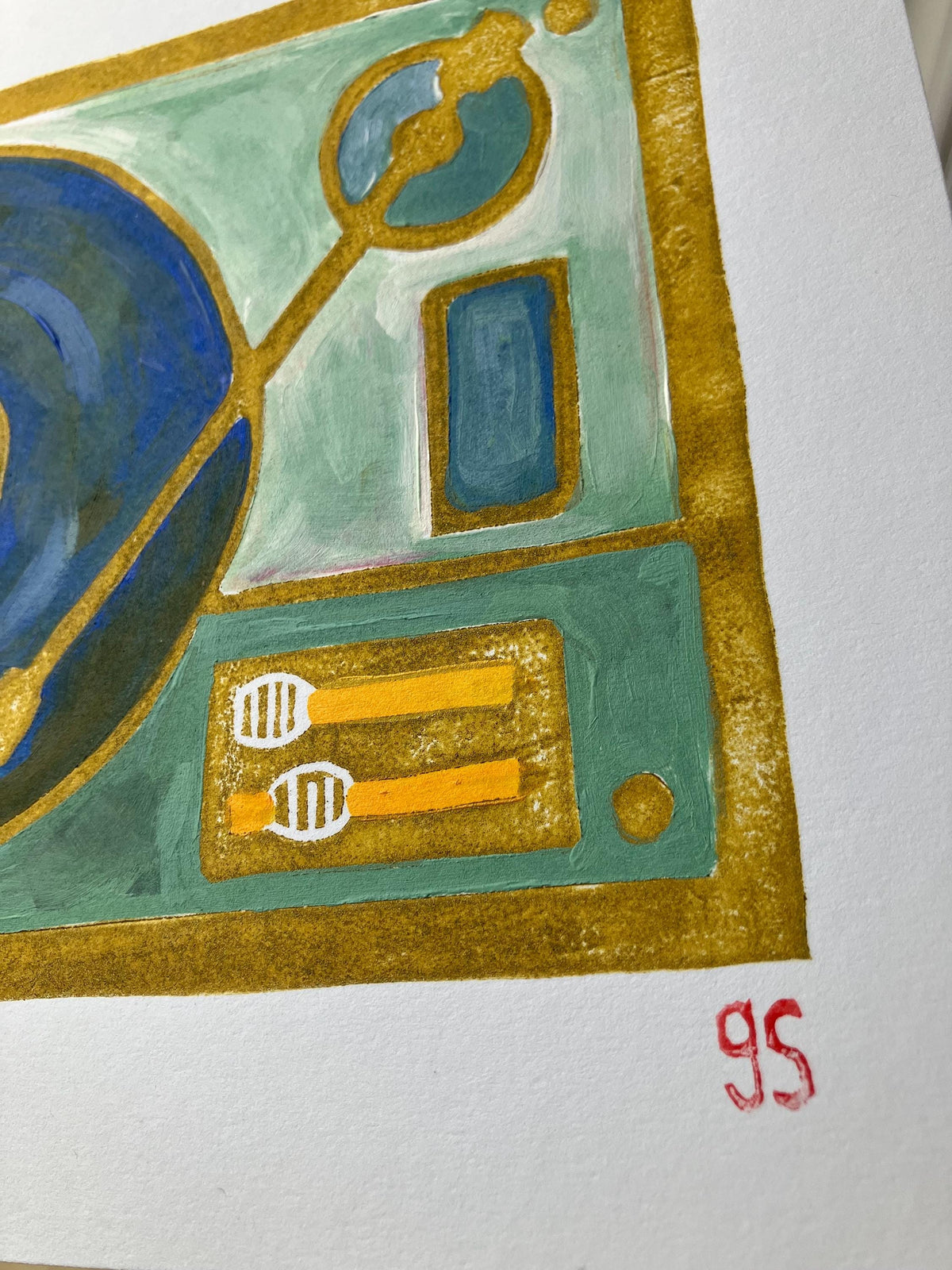 Vintage record player - Original acrylic painting (blue and gold) (8x10in)