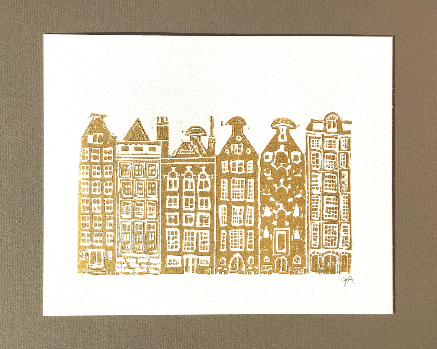 LINOCUT - Amsterdam Canal Houses - Hand-pressed linoleum block print (8x10in)