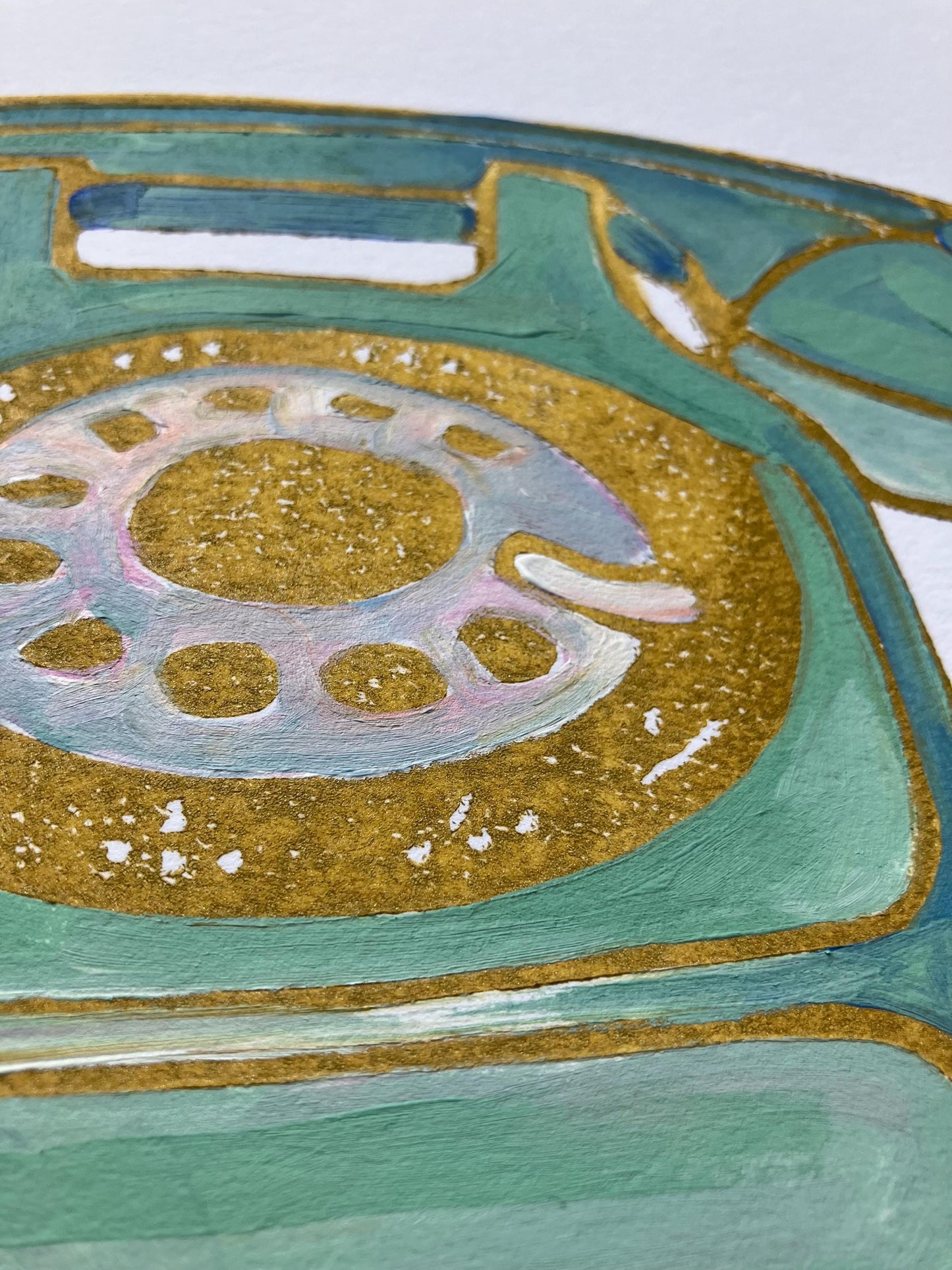 Vintage rotary telephone - Original acrylic linocut painting - (8x10in)