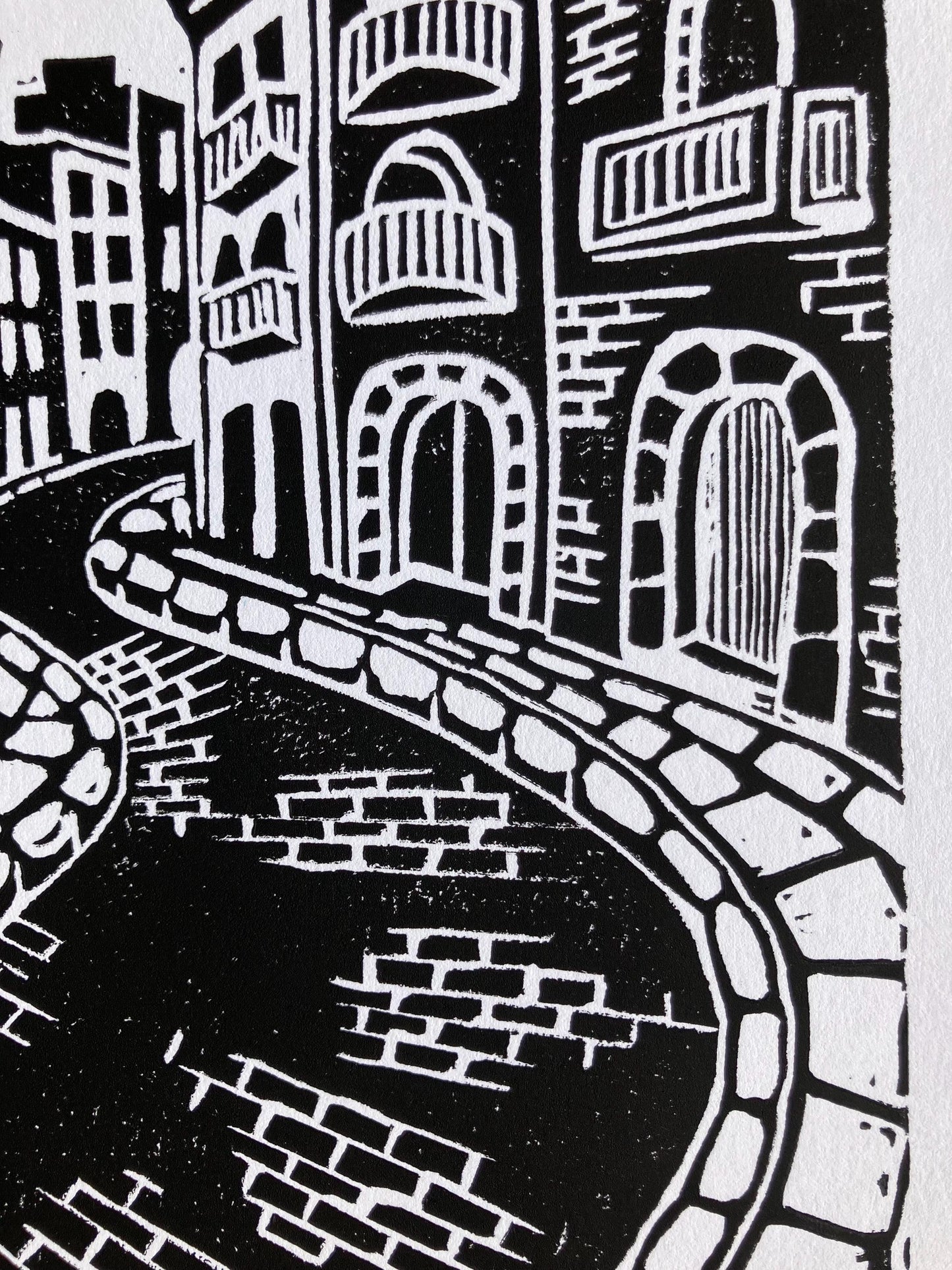 European cobblestone streets - Linocut print (8x10in)