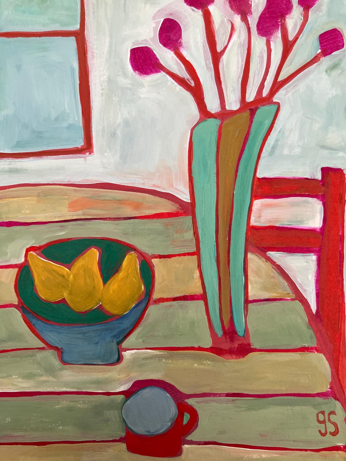 Flowers and bowl of pears still life - Original acrylic abstract painting (8x10in)