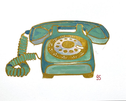 Vintage rotary telephone - Original acrylic linocut painting - (8x10in)