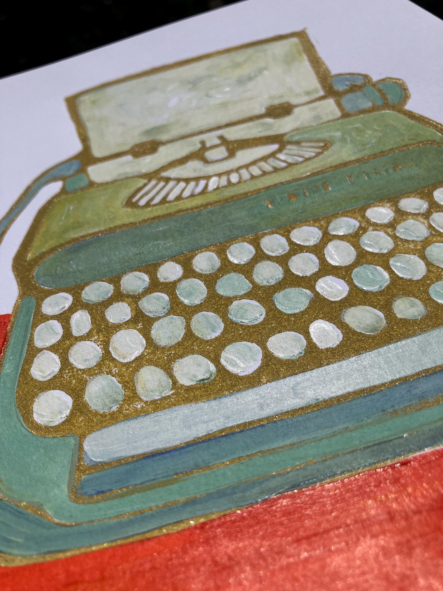 Typewriter #2 - Original acrylic linocut painting - Vintage olive green typewriter (8x10in)
