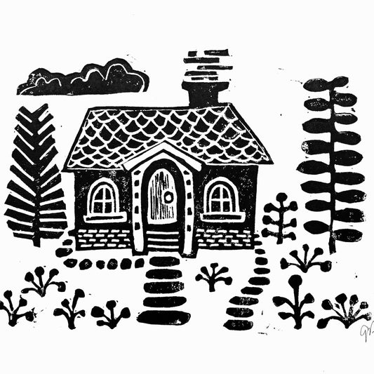 LINOCUT- Scandinavian house - Hand-pressed linoleum block print (8x10in)