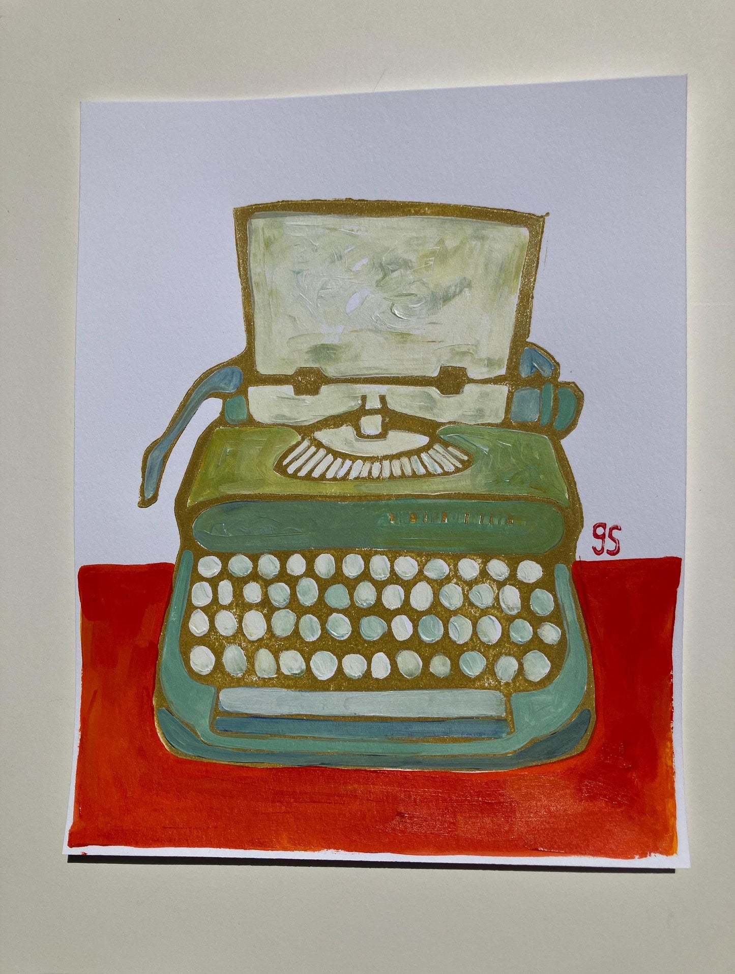 Typewriter #2 - Original acrylic linocut painting - Vintage olive green typewriter (8x10in)