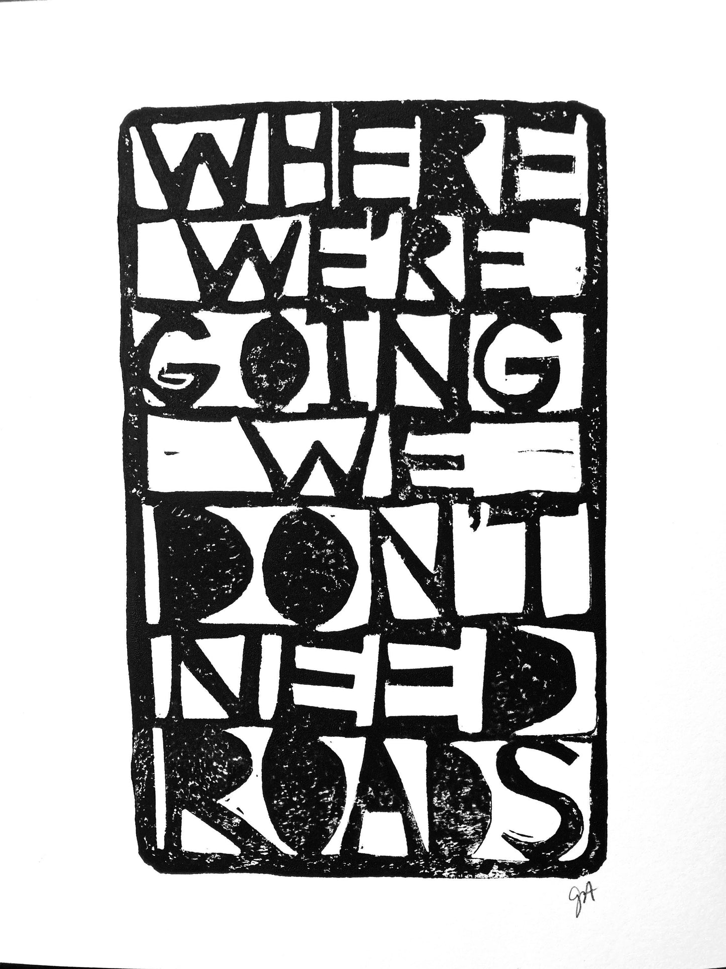Where we're going we don't need roads - Linocut print (8x10in)