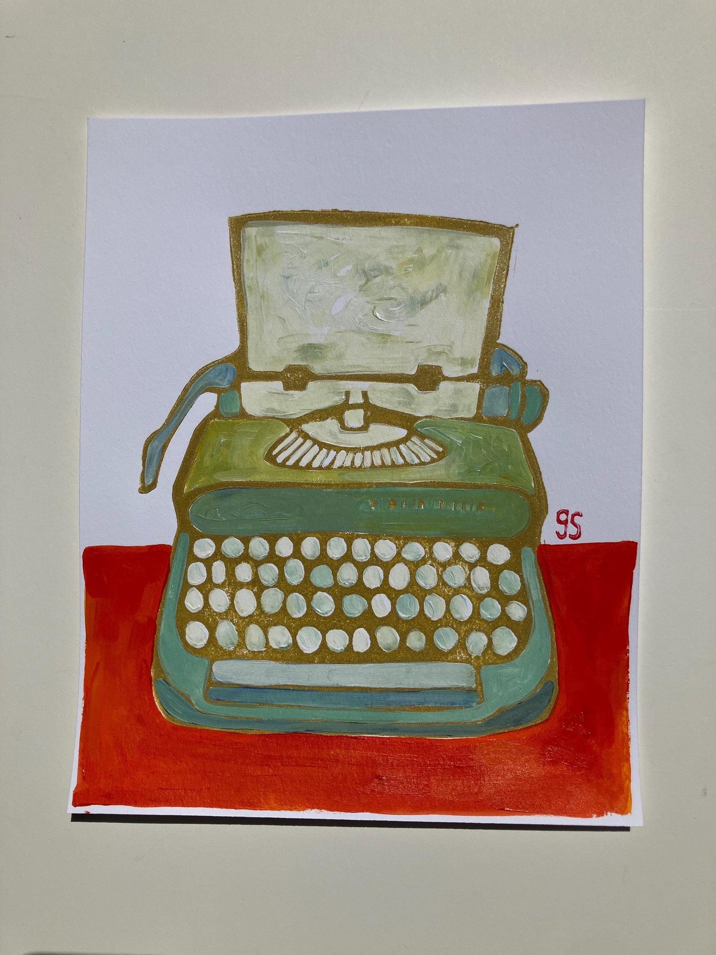 Typewriter #2 - Original acrylic linocut painting - Vintage olive green typewriter (8x10in)