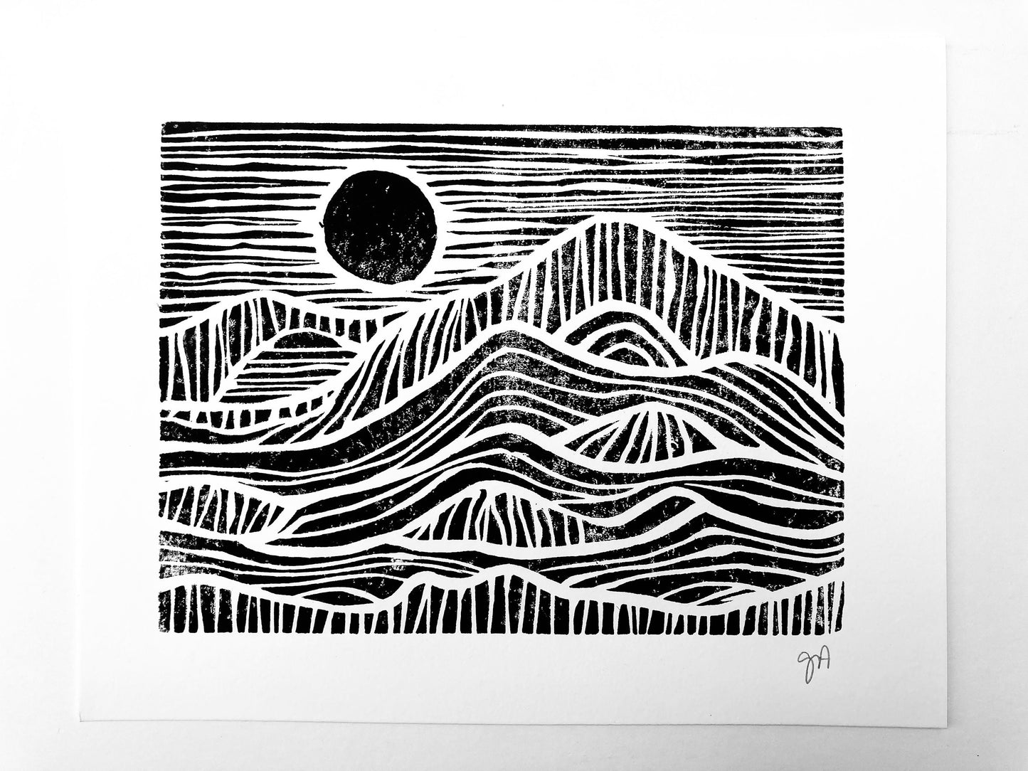 Sunrise on the mountains  - Linocut print (8x10in)