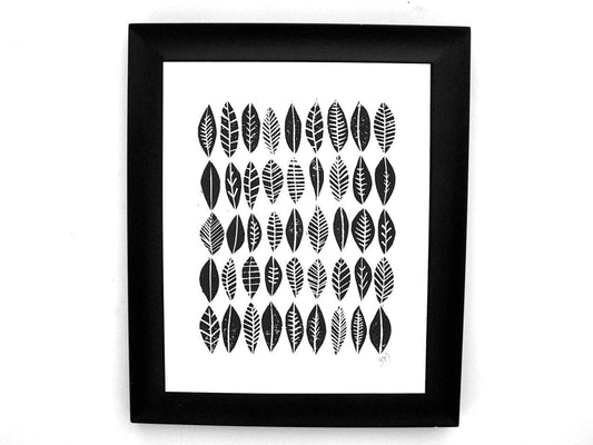 Framed black and white leaf pattern art on a white background