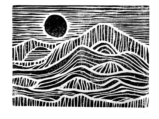Black and white abstract landscape with wavy lines and a sunset on a white background